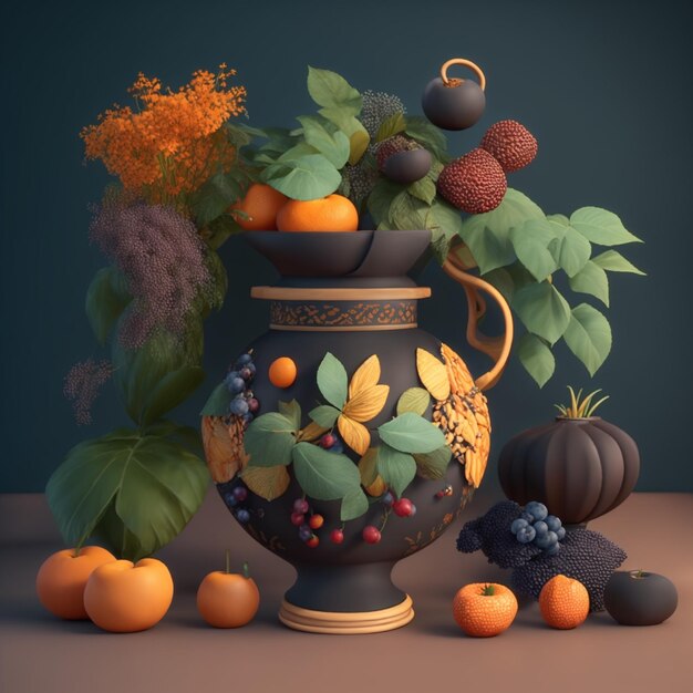 3d renderizado vaso de natureza morta com folhas e comida brasileira e ilustração de vaso de plantas