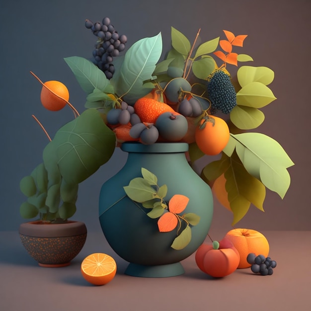 3d renderizado vaso de natureza morta com folhas e comida brasileira e ilustração de vaso de plantas