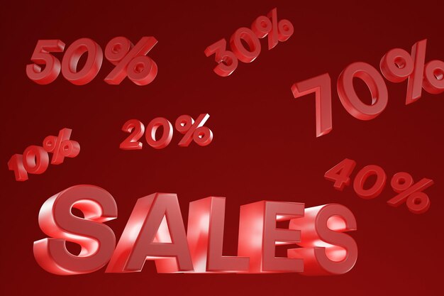 3d renderizado de ventas con porcentajes arriba en letras rojas sobre un fondo rojo