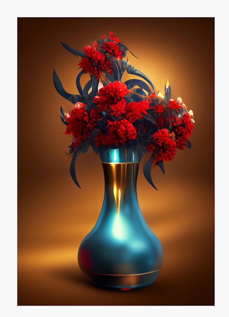 3D renderizam vasos de turquesa e ouro com flores vermelhas e fundo marrom escuro. arte digital para parede