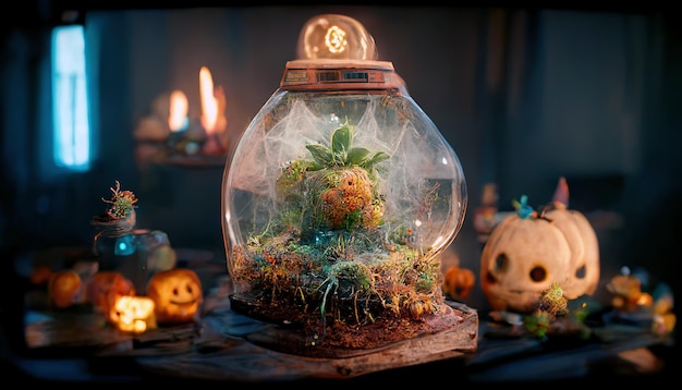 3D renderizando um terrário de outono lindamente estranho com milho e abóbora Halloween.