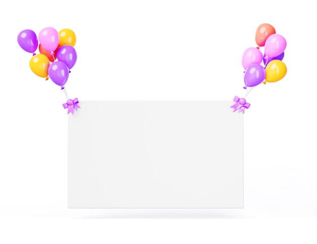 3d renderizar bandeira retângulo branco vazio voando em balões de ar coloridos decoração de feriado para festa de aniversário cerimônia de abertura da loja mockup cartaz de papel ou cartão fundo em branco
