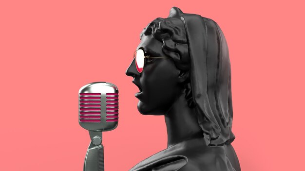 Foto 3d renderizar un cantante con un micrófono de perfil en gafas una estatua antigua