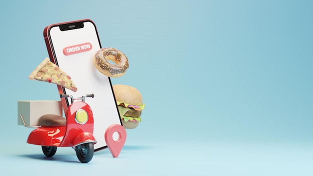 3d renderizar entrega de pedidos de alimentos en línea en ilustración móvil con scooter