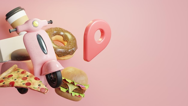3d renderizar entrega de pedidos de alimentos en línea en ilustración móvil con scooter
