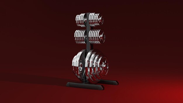 3D renderizar equipamento de cremalheira de haltere em fundo vermelho