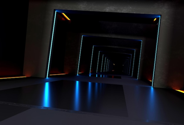 3d renderizar fondo de ciencia ficción Túnel de corredor de pared de hormigón con bombillas de neón naranja y azul abstractas