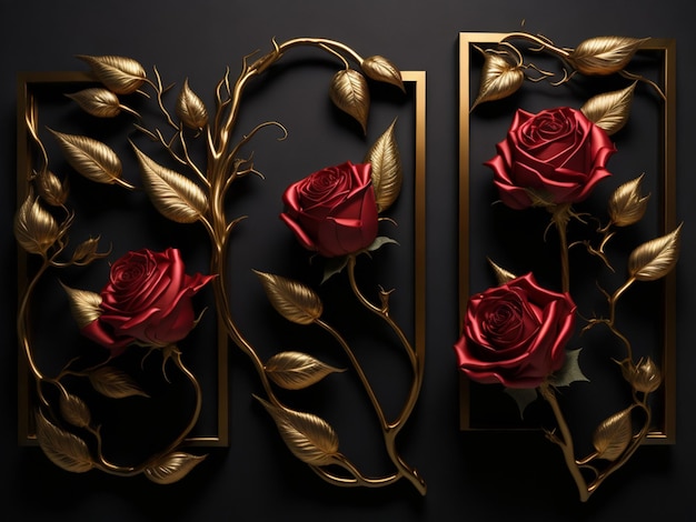 3d renderizar fondo negro con marco dorado y flores rosas rojas Arte digital para decoración de paredes
