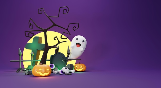 3d renderizar fundo feliz dia das bruxas com cena noturna e design assustador bonito abóboras de halloween fantasma e decorações de aranha no fundo roxo escuro festa doçura ou travessura comemorar