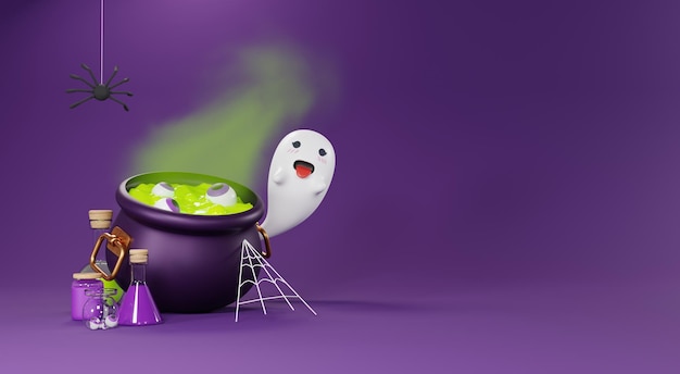 3d renderizar fundo feliz dia das bruxas com cena noturna e design assustador bonito abóboras de halloween fantasma e decorações de aranha no fundo roxo escuro festa doçura ou travessura comemorar