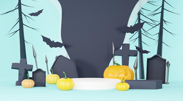 3d renderizar fundo feliz dia das bruxas com produto de estande de pódio e cena noturna e design assustador bonito abóboras de halloween fantasma de crânio e decorações de aranha em fundo azul pastel