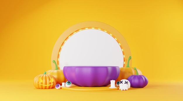 3d renderizar fundo feliz dia das bruxas com produto de estande de pódio e cena noturna e design assustador bonito abóboras de halloween fantasma de crânio e decorações de aranha em fundo laranja escuro