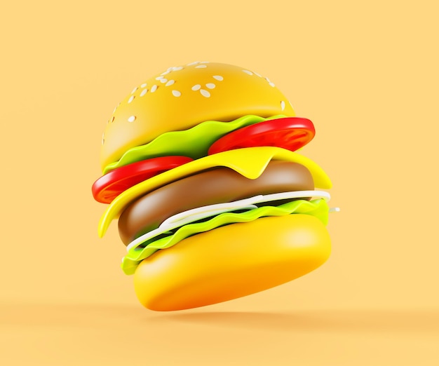 3d renderizar icono de hamburguesa de comida rápida Hamburguesa voladora con pan carne de sésamo ensalada de queso tomate cebollas sándwich aislado aplicación de entrega de hamburguesa de queso de res Diseño de dibujos animados Ilustración 3D