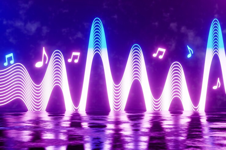 Foto 3d renderizar onda de sonido de neón brillante azul claro y rosa y nota musical sobre fondo oscuro.