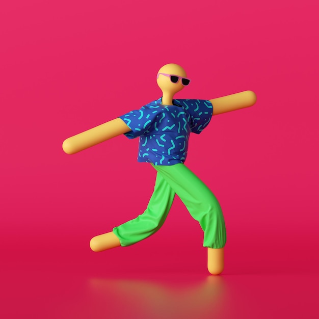 3d renderizar personagem de desenho abstrato vestindo roupas coloridas de verão e óculos de sol