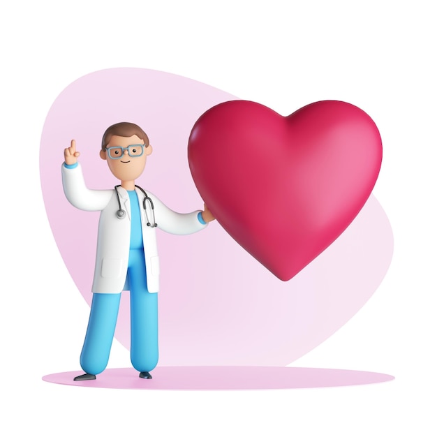 3d renderizar personagem de desenho animado médico cardiologista com forma de coração