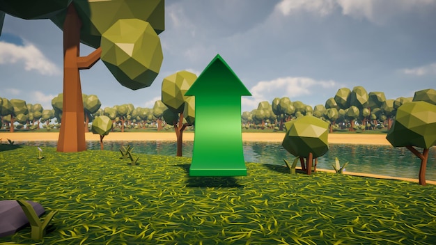 3D Renderize o polígono baixo uma seta verde para mostrar uma direção com o ambiente em segundo plano