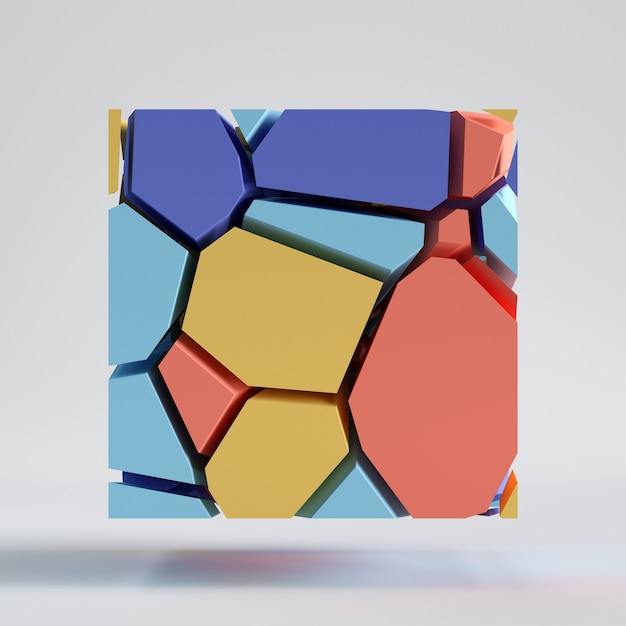 3d rendern, abstrakte bunte zufällige Mosaikfliese, geschnittene Stücke, gebrochene quadratische Oberfläche. Blau rot gelbe Elemente.