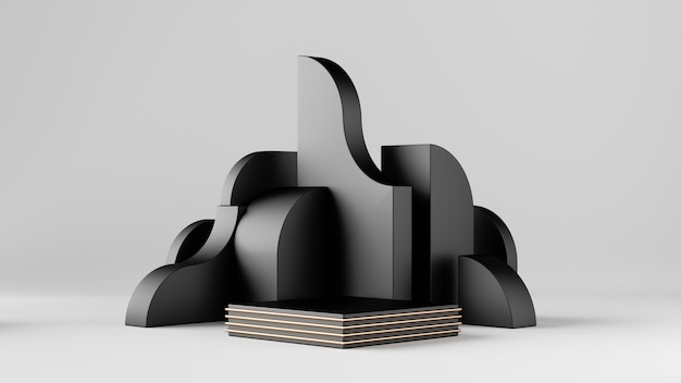 3D rendern, abstrakte schwarze geometrische Blöcke lokalisiert auf weißem Hintergrund.