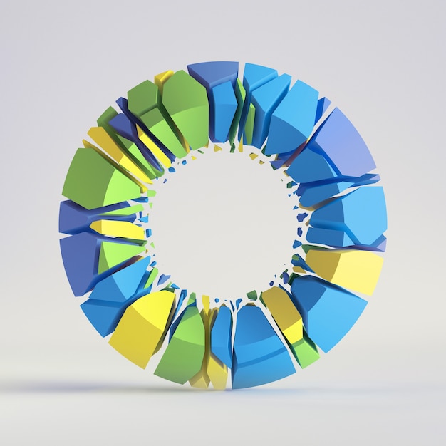 3d rendern, abstrakte zufällige Mosaikstücke, gebrochener Torus, rissige runde Oberfläche mit Loch, bunter Donut.