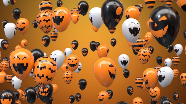 Foto 3d rendern fliegende halloween-luftballons auf orange