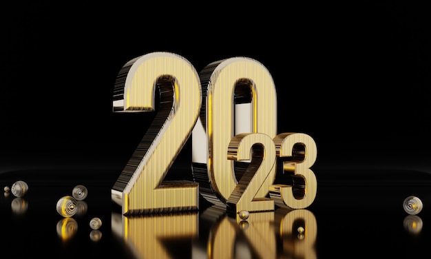 3d rendern goldenen 2023 neujahrstext mit goldener runder kugel auf dunklem hintergrund
