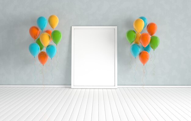 3D rendern Innenraum mit realistischen bunten Luftballons, verspotten Sie Plakat im Raum