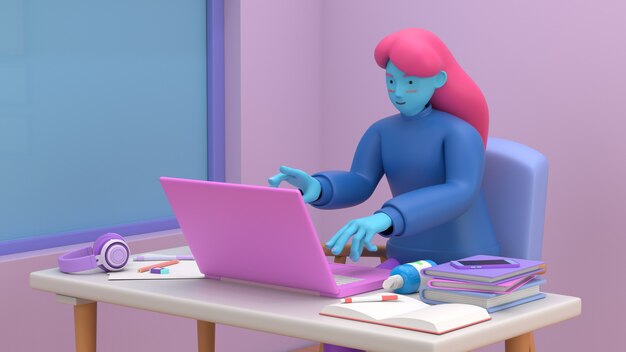 3d rendern Mann mit Laptop, der auf dem Stuhl sitzt mit Laptop für Online-Arbeit oder Lernerziehung während Quarantäne sitzt