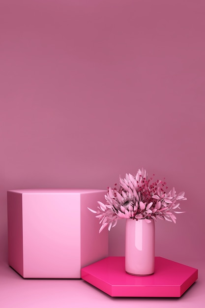 3d rendern, rosa hintergrund mit frühlingsblumenstrauß. natur minimaler sockel für schönheit, kosmetische produktpräsentation.