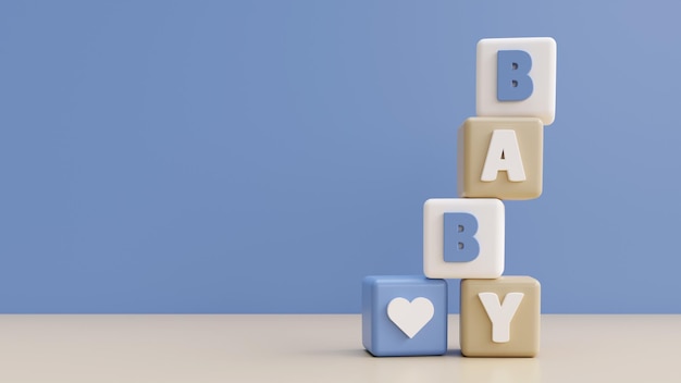 3D rendern schönen blauen Hintergrund mit Würfeln und Buchstaben Baby für Babypartyeinladung oder Geschlecht