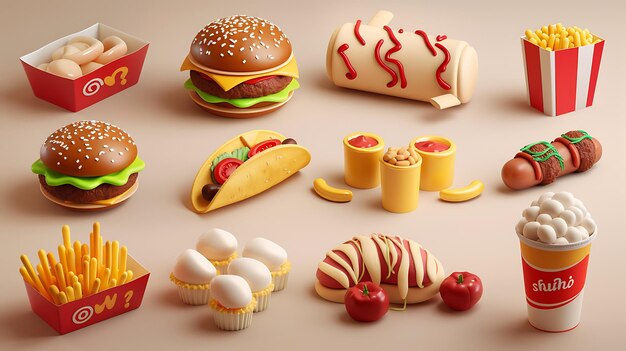 3D-renderte Fast-Food-Ikonen Das Bild enthält eine Vielzahl von Lebensmitteln wie Burger, Tacos, Hotdogs und Pommes