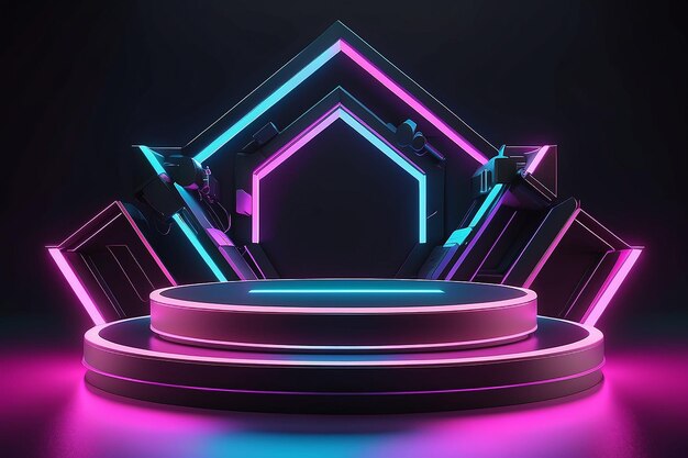 3D-renderte schwarze wissenschaftliche Bühne mit gradienten Neonlichtern Geometrisches Podium SciFi-Mockup