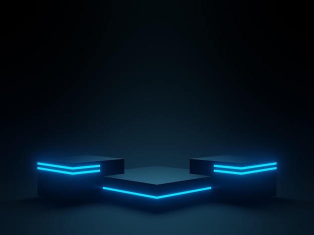 3D-renderte wissenschaftliche schwarze geometrische Podium mit blauen Neonlichtern