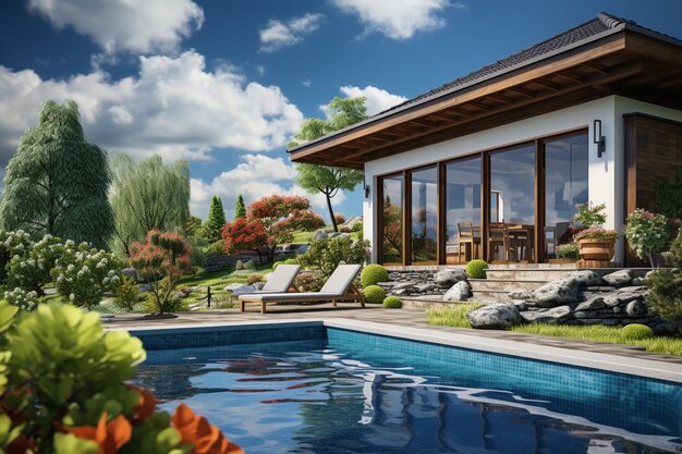 Foto 3d-renderung einer luxusvilla mit schwimmbad und tropischem garten