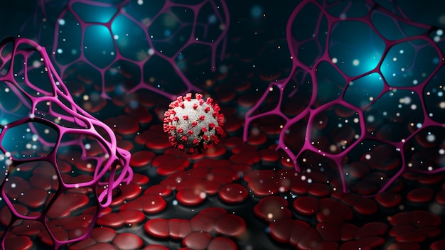 3D-Rendervirus schwebt in einer abstrakten Zellumgebung
