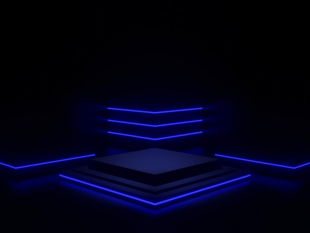 3D rendeu o pódio do palco científico preto com luz de néon azul. Fundo escuro.