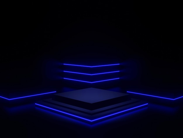 3D rendeu o pódio do palco científico preto com luz de néon azul. Fundo escuro.