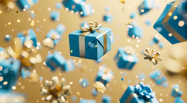 3D rendido celebrar cajas de regalos azules volando en el aire sobre un fondo amarillo claro