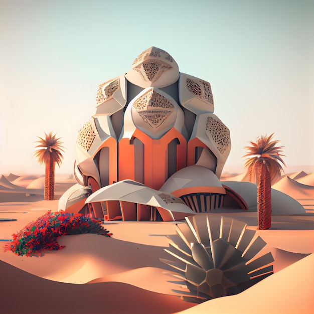 3d representación de mezquita en el desierto con palmeras y arena