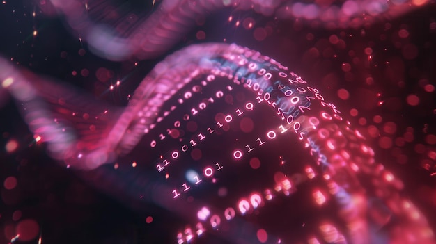 A 3D representation of a DNA strand showcases vibrant digital data streams and binary codes flowing through its structure symbolizing bioinformatics Generative AI