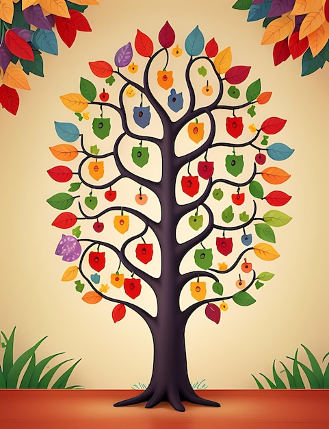 3d resumen Árbol colorido con hojas en las ramas colgantes ilustración de fondo generativo ai