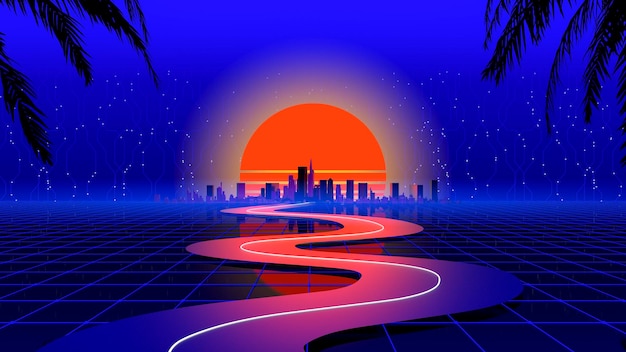 Foto 3d-retro-wave-city-hintergrund neon-nachtlandschaft mit einer futuristischen stadt im stil der 80er jahre