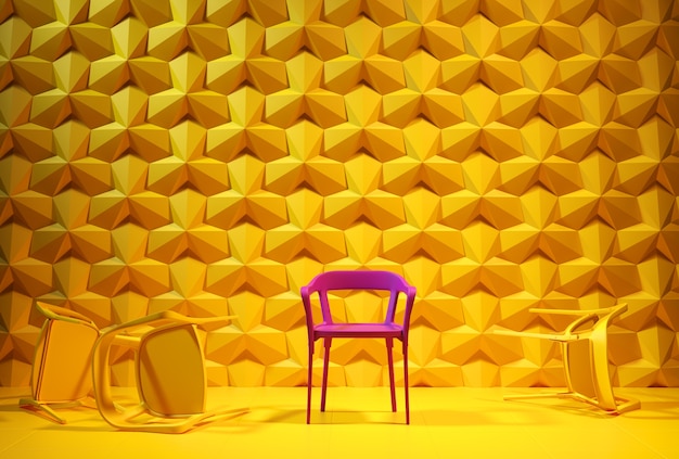 3d rinden una silla púrpura en fondo amarillo de la geometría