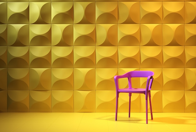 Foto 3d rinden una silla púrpura en fondo amarillo de la geometría