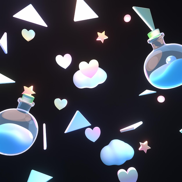 3d rindió dibujos animados amor pociones nubes corazones estrellas triángulos brillantes en el patrón del cielo nocturno