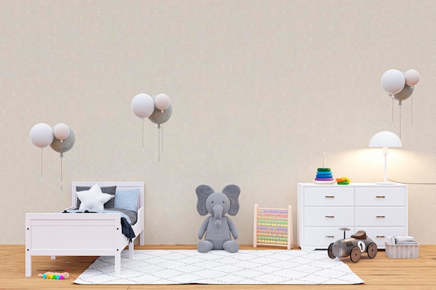 3d rindió la ilustración de un dormitorio infantil con un gran animal de peluche