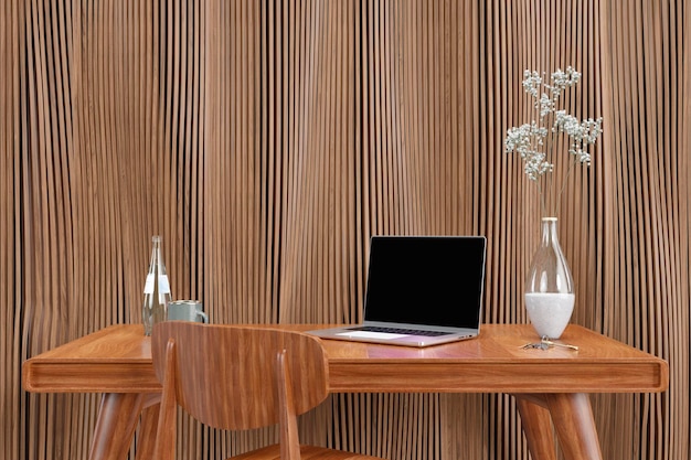 3d rindió la ilustración de una pantalla de computadora en blanco en una mesa de trabajo