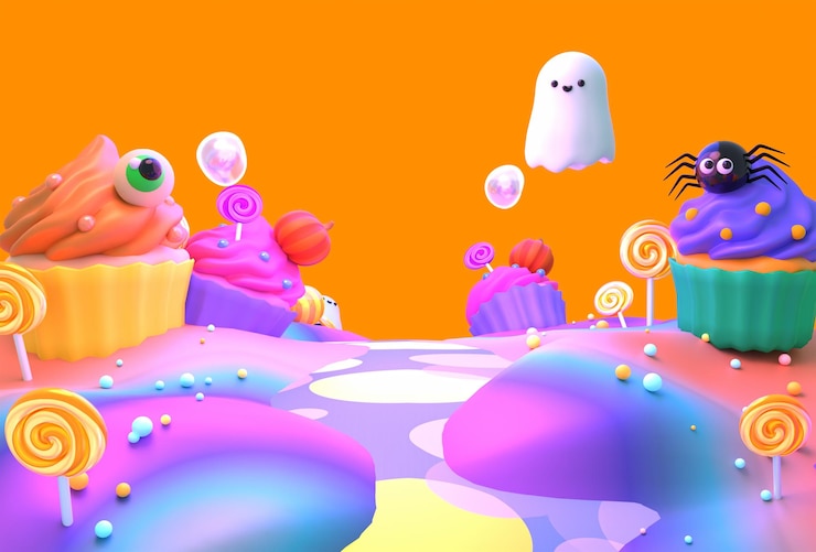 Foto 3d rindió la tierra del caramelo del feliz halloween de la historieta de la historieta.