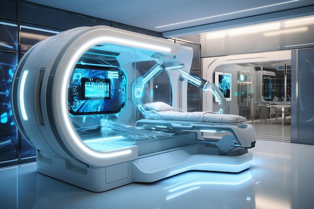 3D-Röntgengerät im modernen Krankenhauszimmer mit blauem Licht