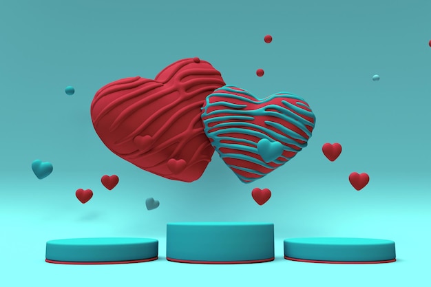 3D romantische Komposition St. Valentinstag rot blauer Hintergrund mit Podium und Süßigkeiten Herzform